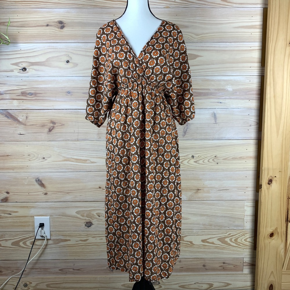 Bucket List Maxi Dress Womens Medium Brown Orange‎ Floral Boho Cotton Deep V